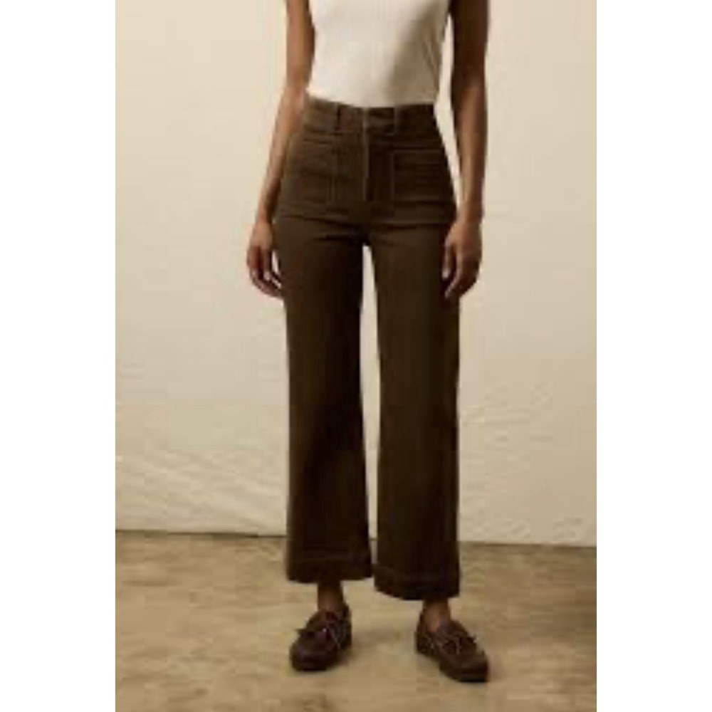 Faherty Stretch Terry Patch Pocket Pants Wide Leg Jeans High Rise Brown 28